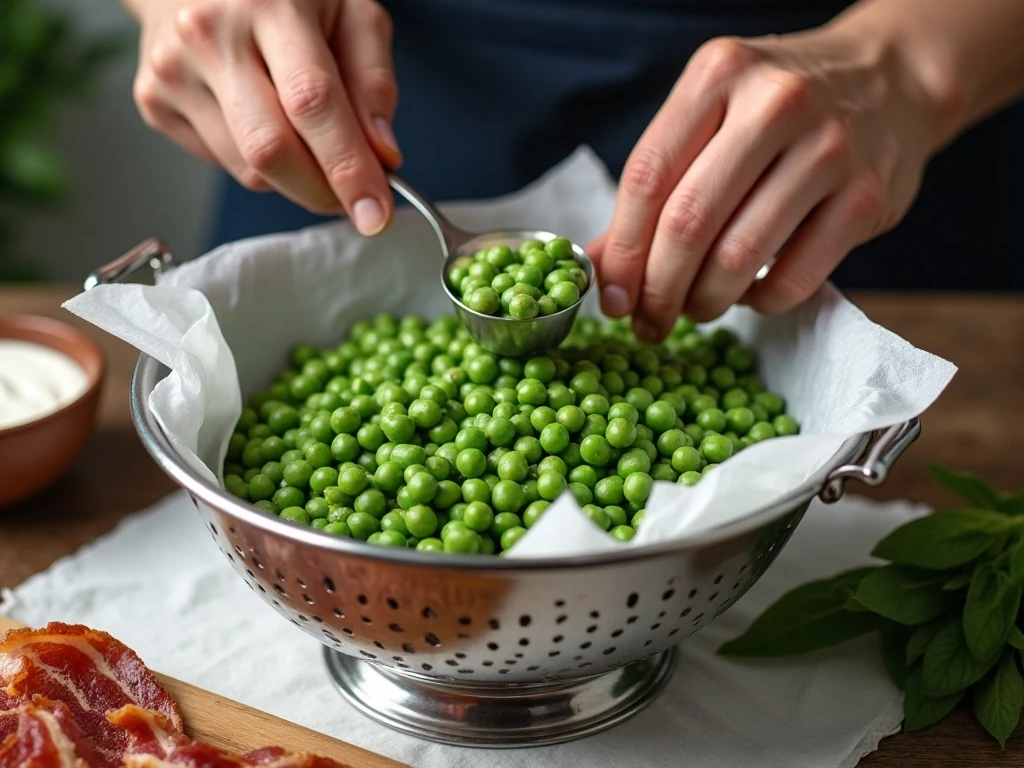Well-drained thawed peas and ranch dressing for the best pea salad texture