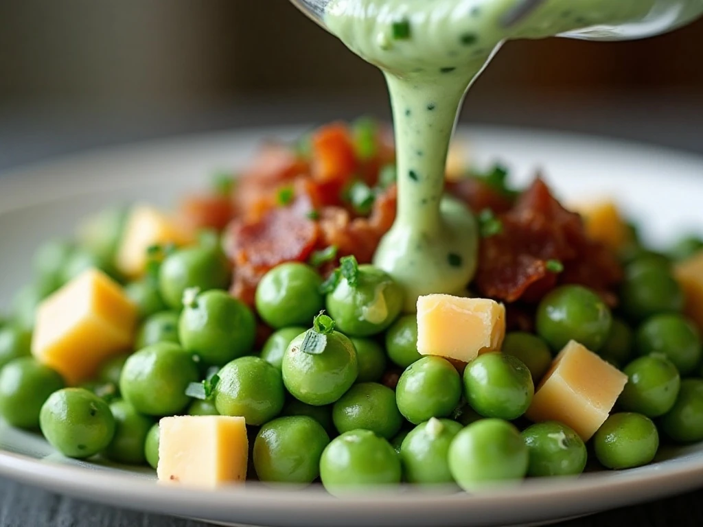 Garnished creamy pea salad with bacon, cheddar, and fresh herbs