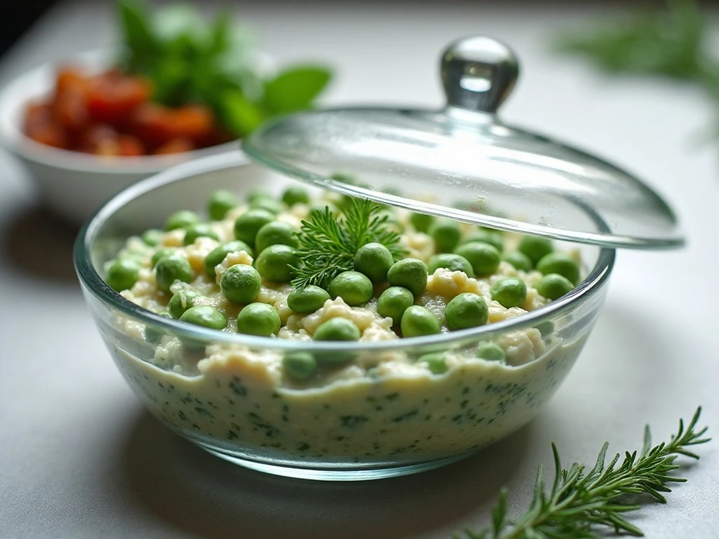 Make-ahead creamy pea salad stored for serving
