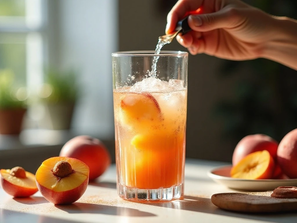 Adding frozen peaches and peach schnapps to a blender