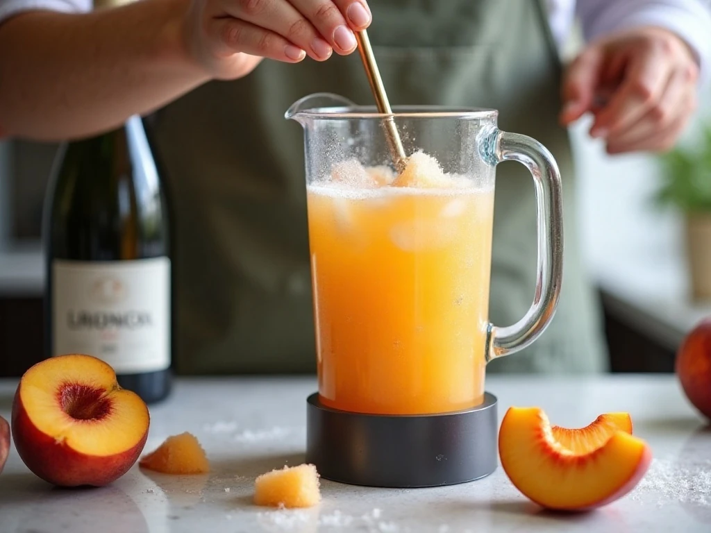 Thick peach Bellini slushy blending to a smooth consistency
