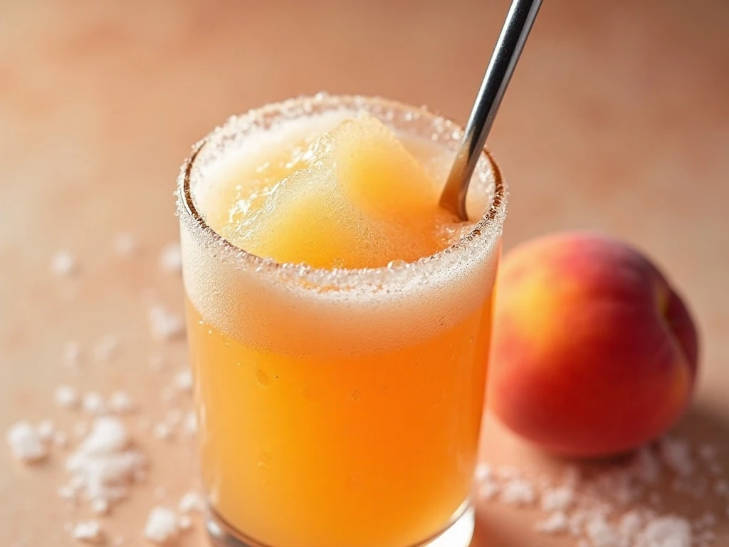 Close-up of the frosty texture of a peach Bellini slushy