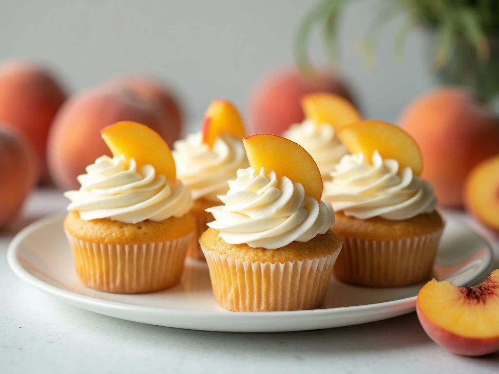 Golden peach cake mix cupcakes with vanilla frosting on a serving platter