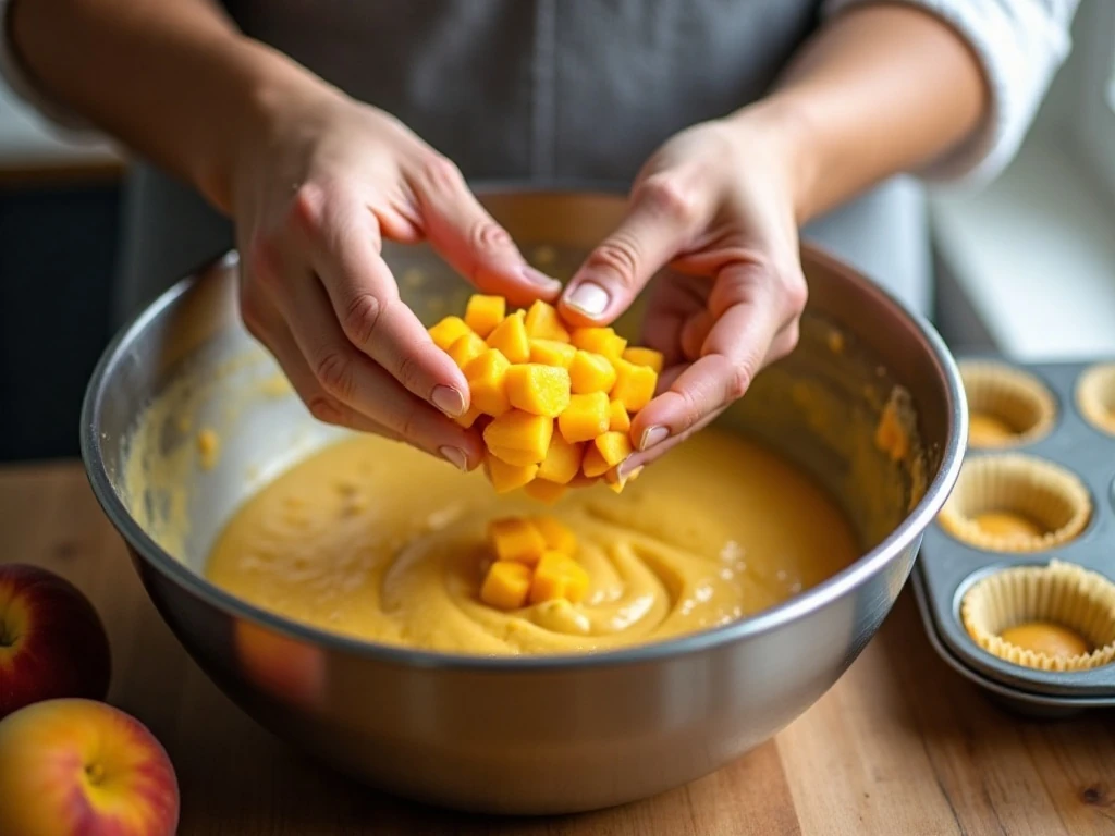 Folding chopped peaches into cupcake batter