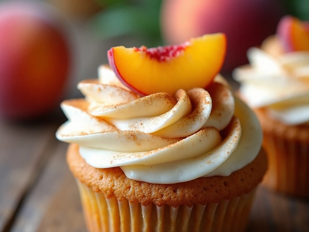 Frosted peach cupcake with peach slice and cinnamon garnish
