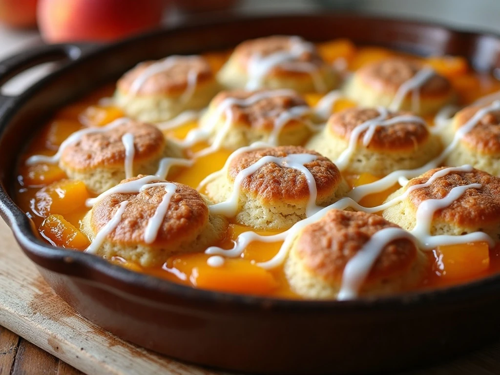 Easy peach cobbler with golden cinnamon-roll biscuits