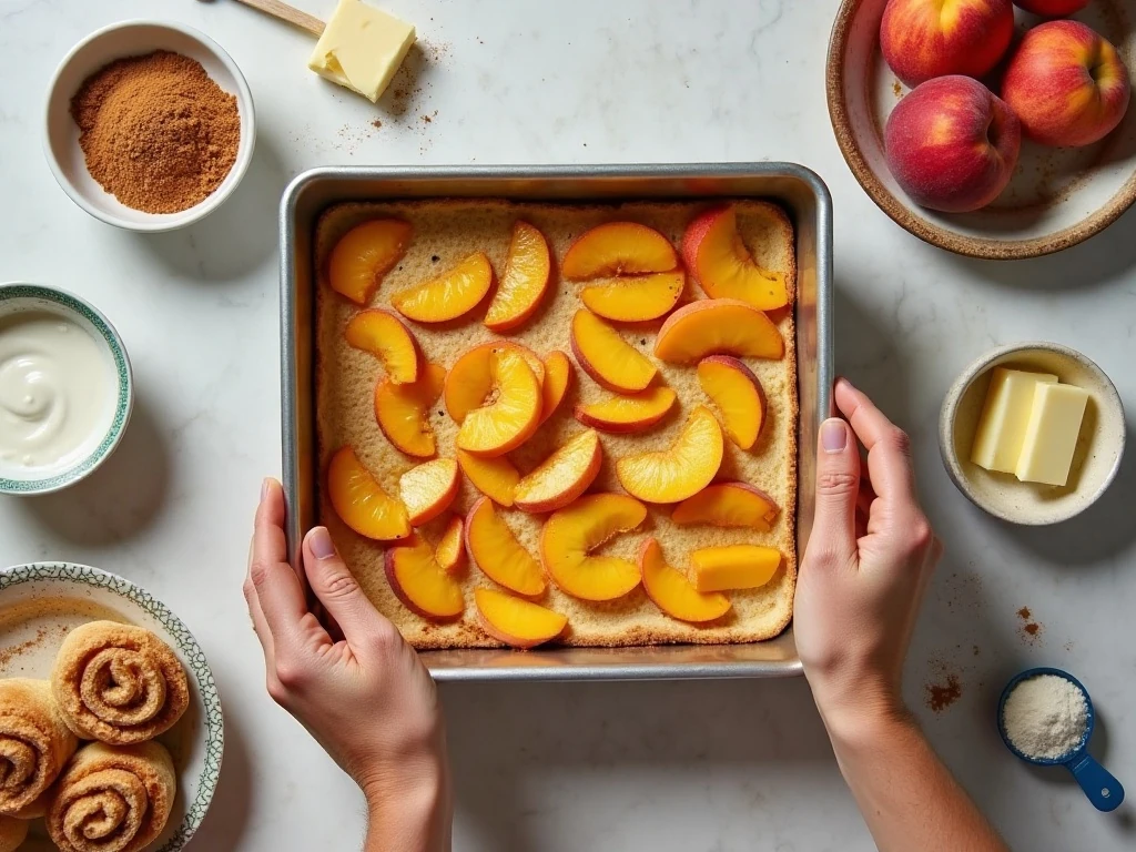 Ingredients for peach cobbler with cinnamon-roll biscuits