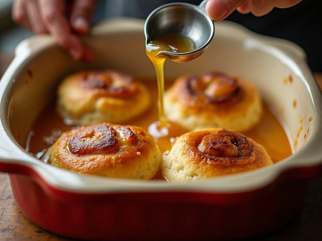 Golden biscuits and bubbling peach sauce in the oven