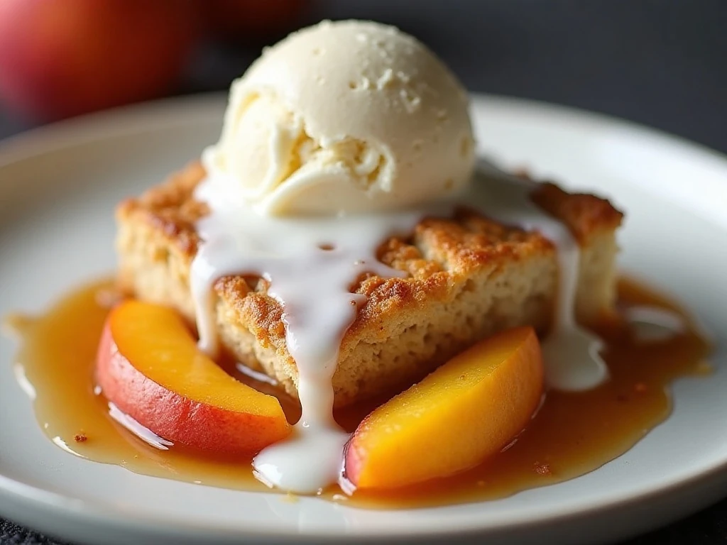 Peach cobbler served warm with vanilla ice cream