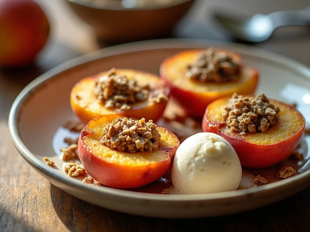 Warm peach crisp-stuffed baked peaches served with vanilla ice cream