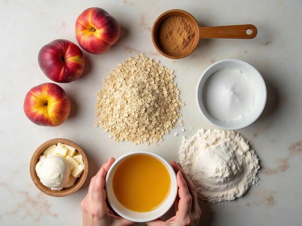 Ingredients for peach crisp-stuffed baked peaches