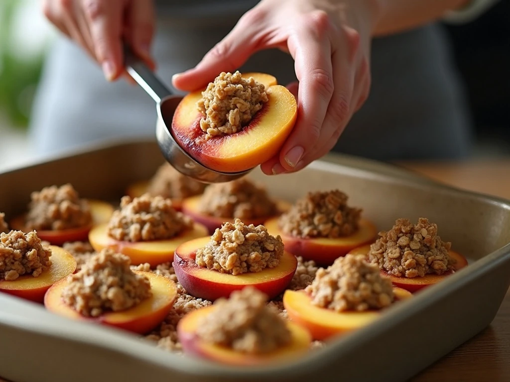 Filling peach halves with oat crisp mixture before baking
