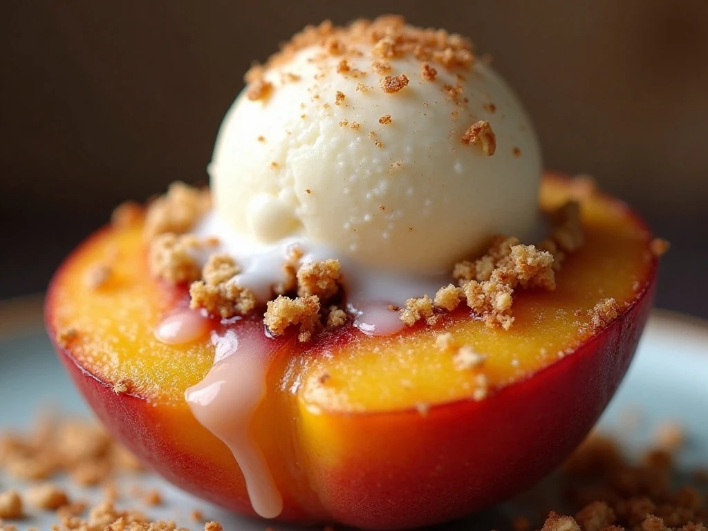 Close-up of golden crisp topping on a baked peach