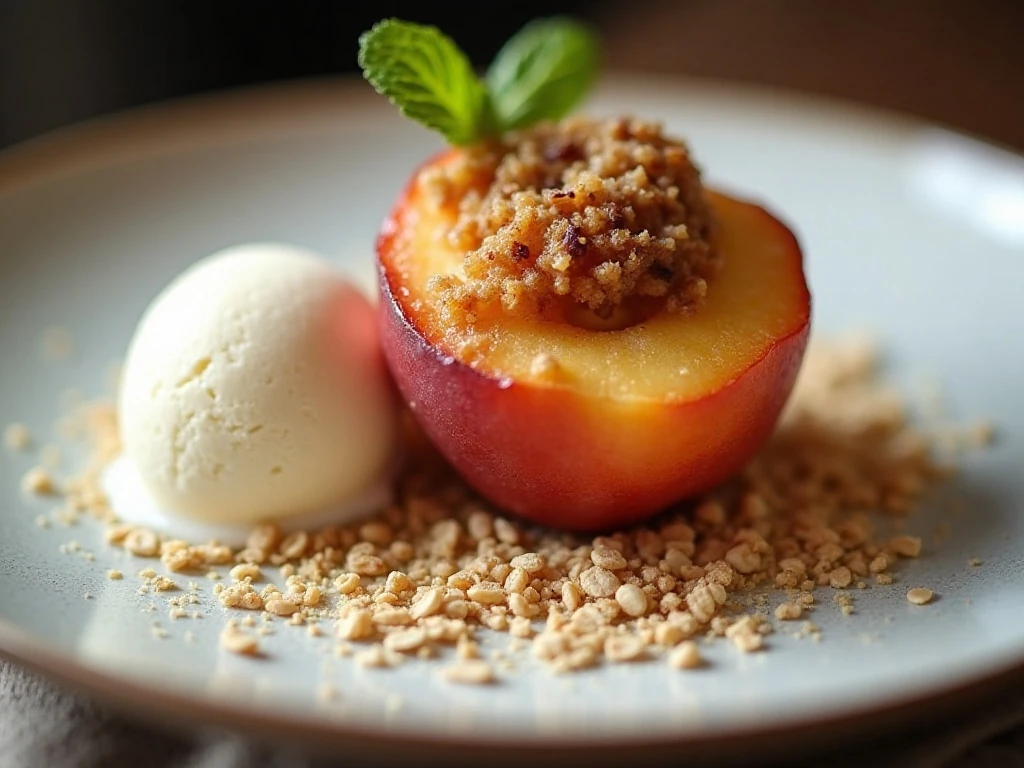 Individual serving of baked peach crisp with ice cream