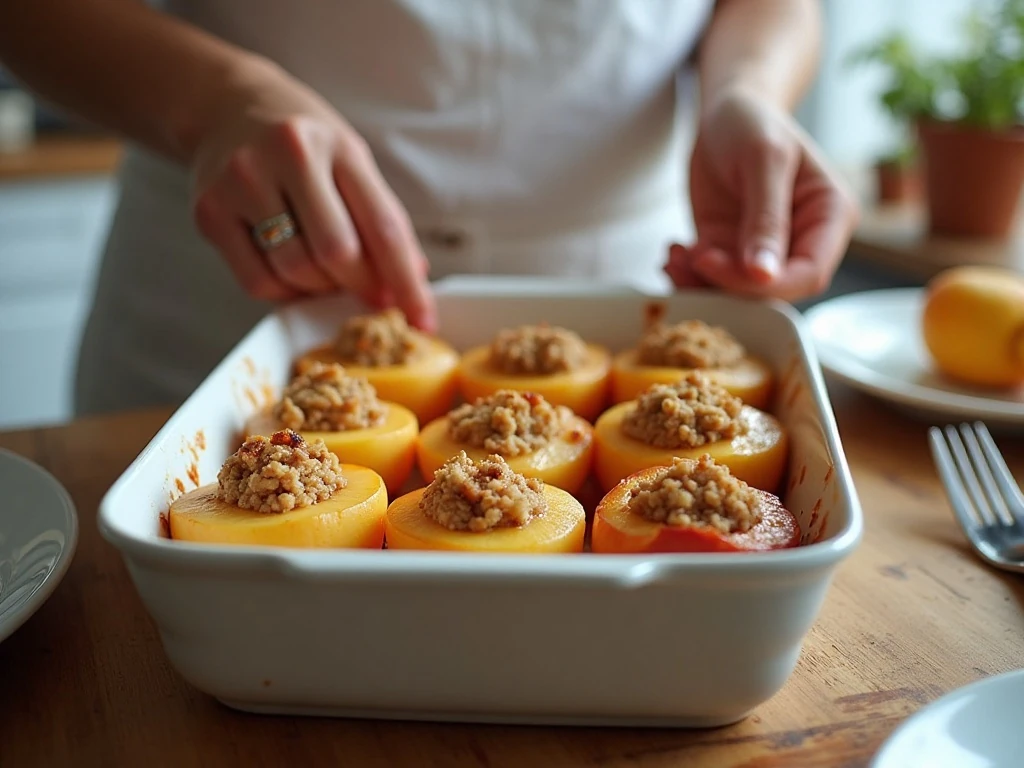 Reheating peach crisp-stuffed baked peaches in the oven