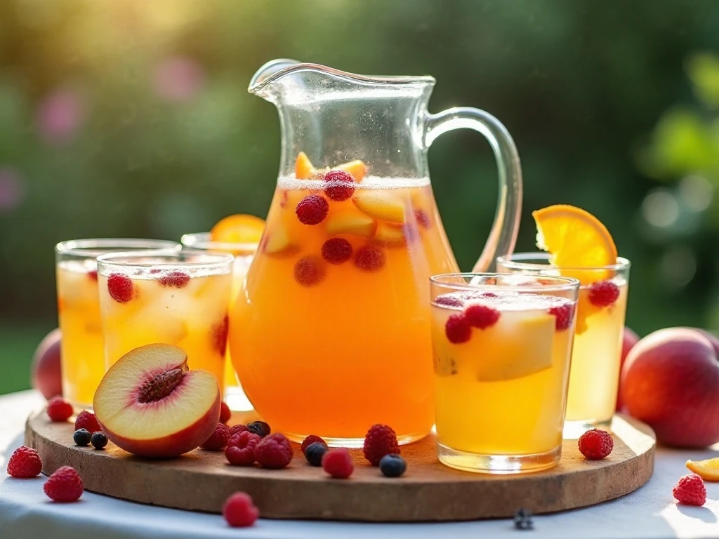 Pitcher and glasses of refreshing peach sangria with fresh fruit
