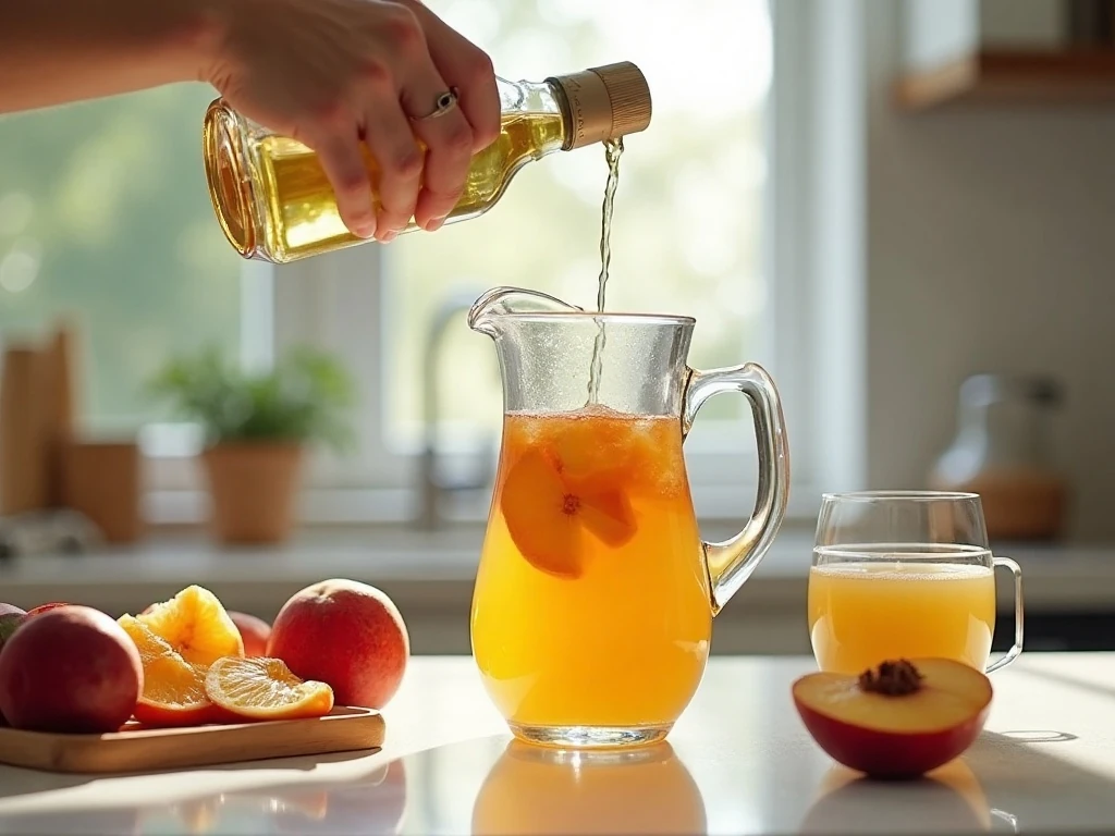 Peaches and citrus being assembled for white wine sangria