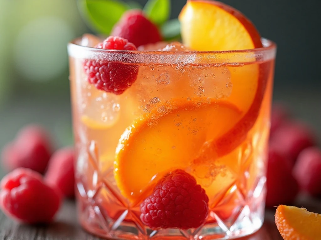 Close-up peach sangria garnish with citrus and berries