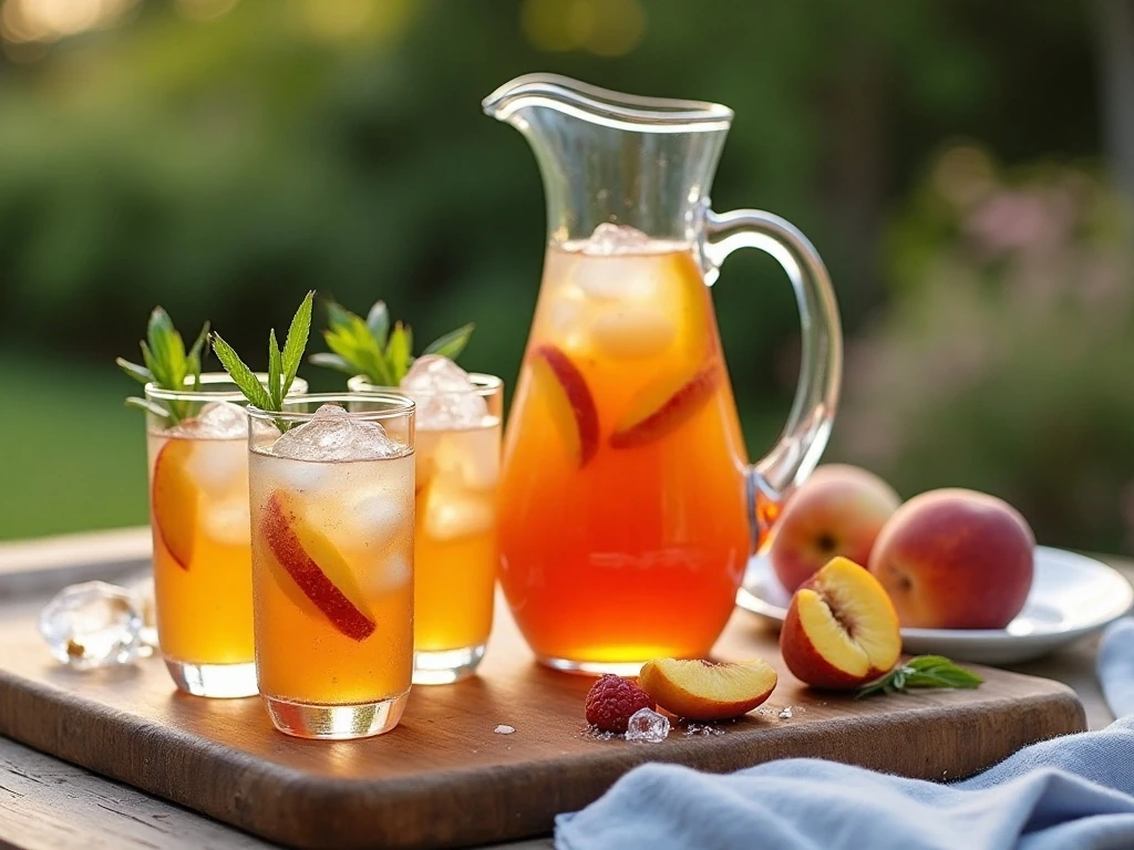 Peach sangria ready to serve over ice