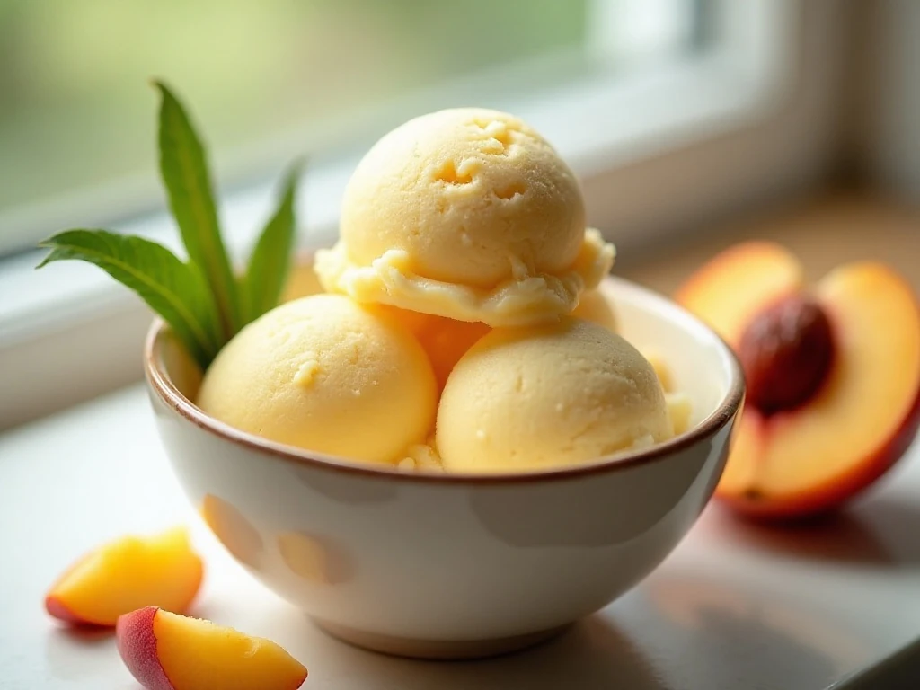 Homemade peach sorbet in a bowl with fresh peaches