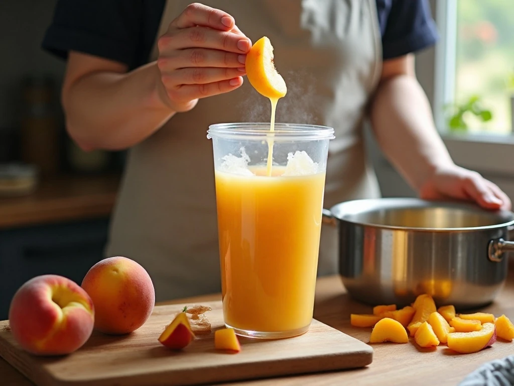 Blended peach sorbet mixture ready to chill