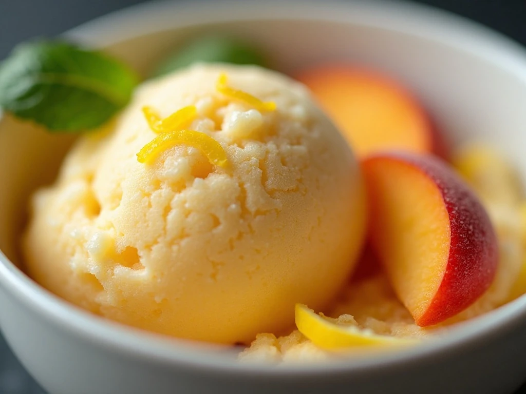 Close-up of smooth peach sorbet with peach garnish
