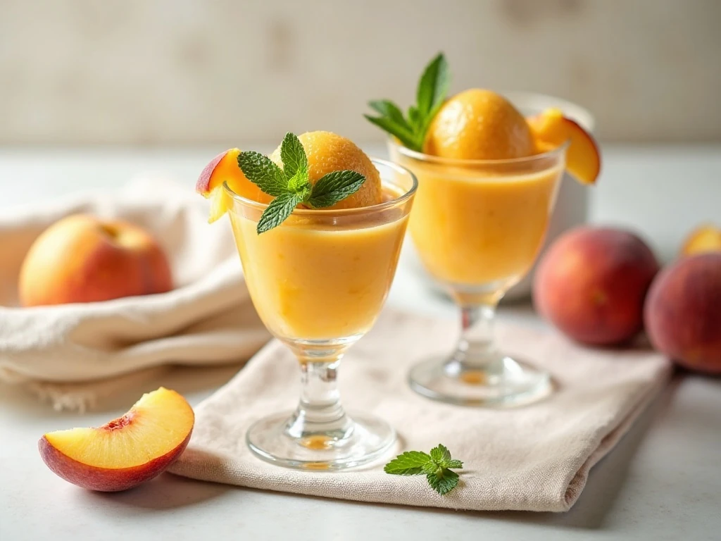Peach sorbet served in chilled dessert glasses
