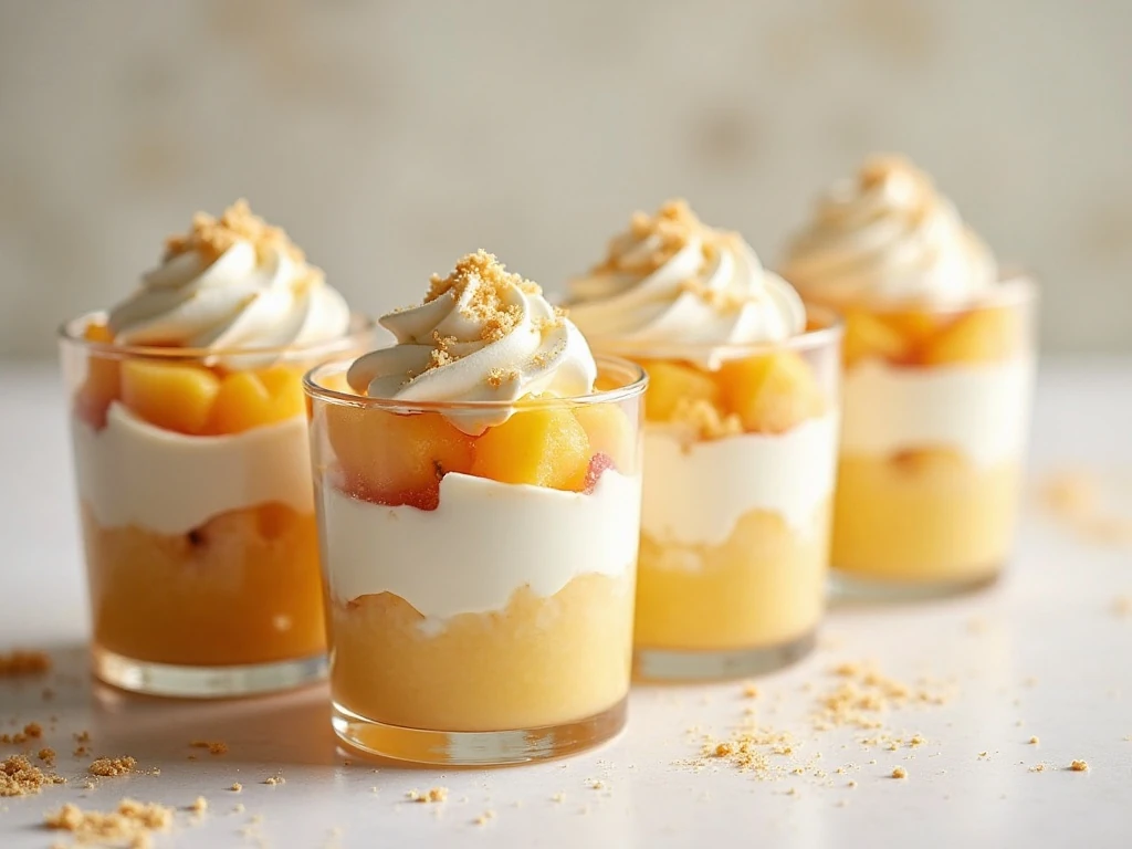 Four easy peaches and cream parfaits in clear dessert glasses