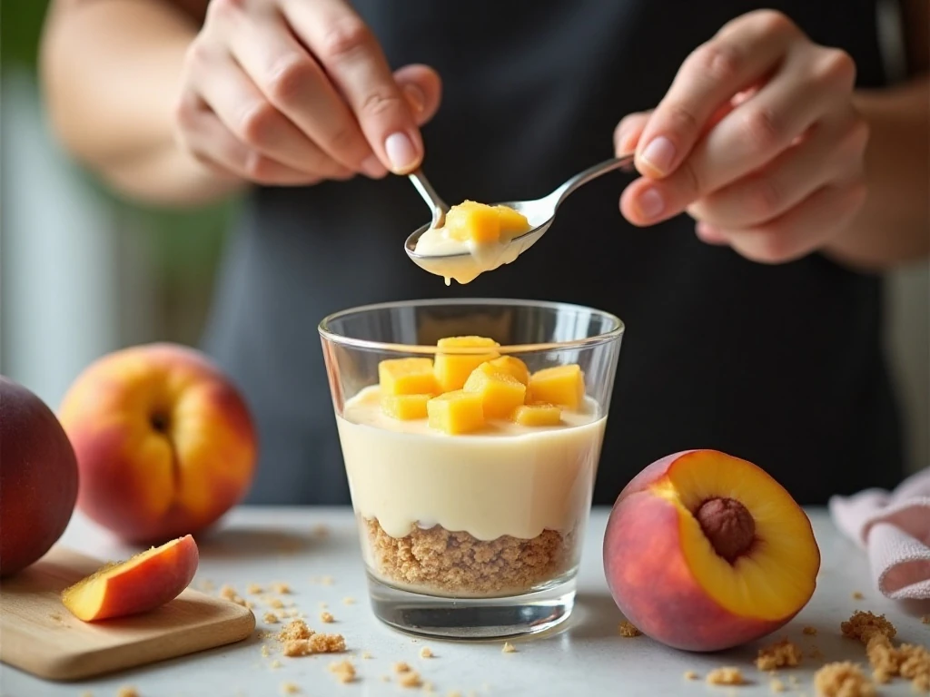 Layering peaches and vanilla pudding in a parfait glass
