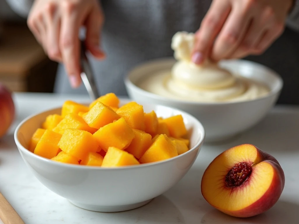 Prepared peaches, pudding, and whipped cream for parfait layers