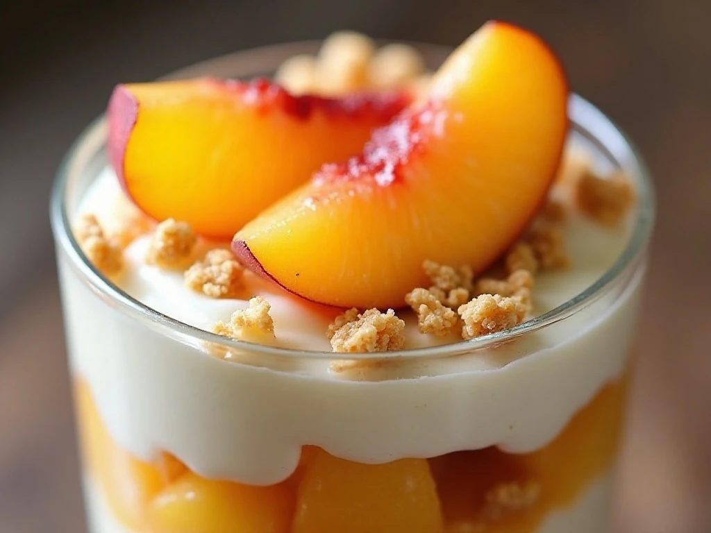 Peach slice and granola garnish on a parfait