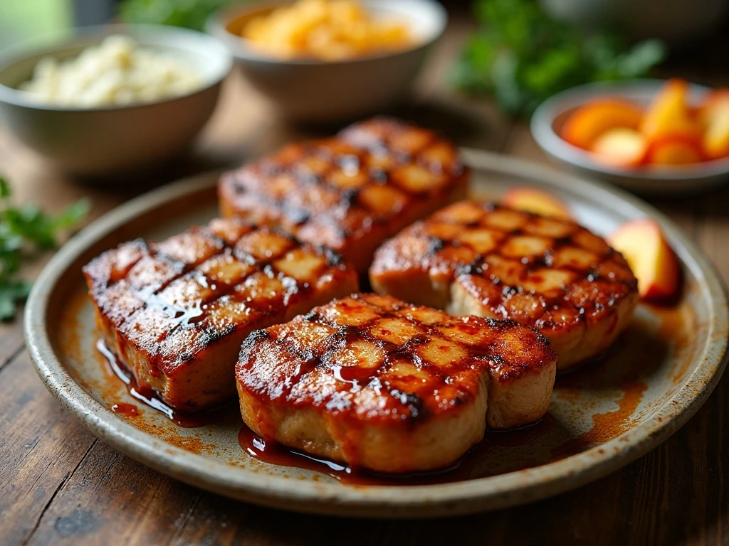 Grilled peach honey barbecue pork steaks served with peach sauce