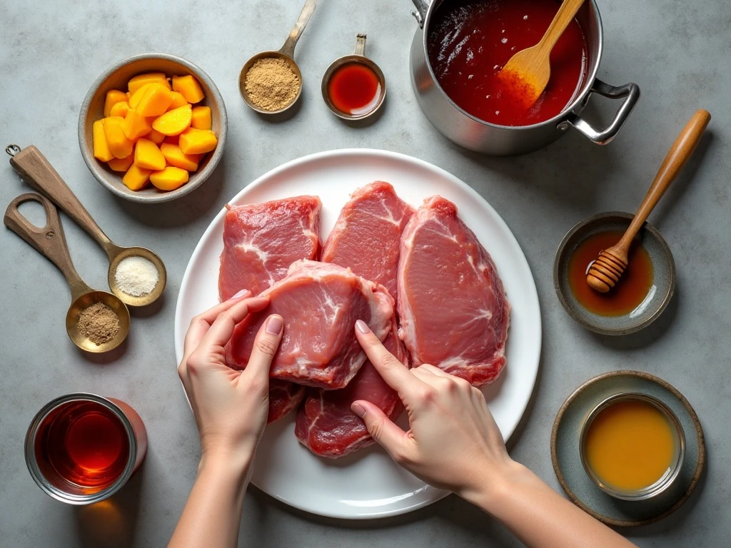 Ingredients for peachy honey barbecue pork steaks
