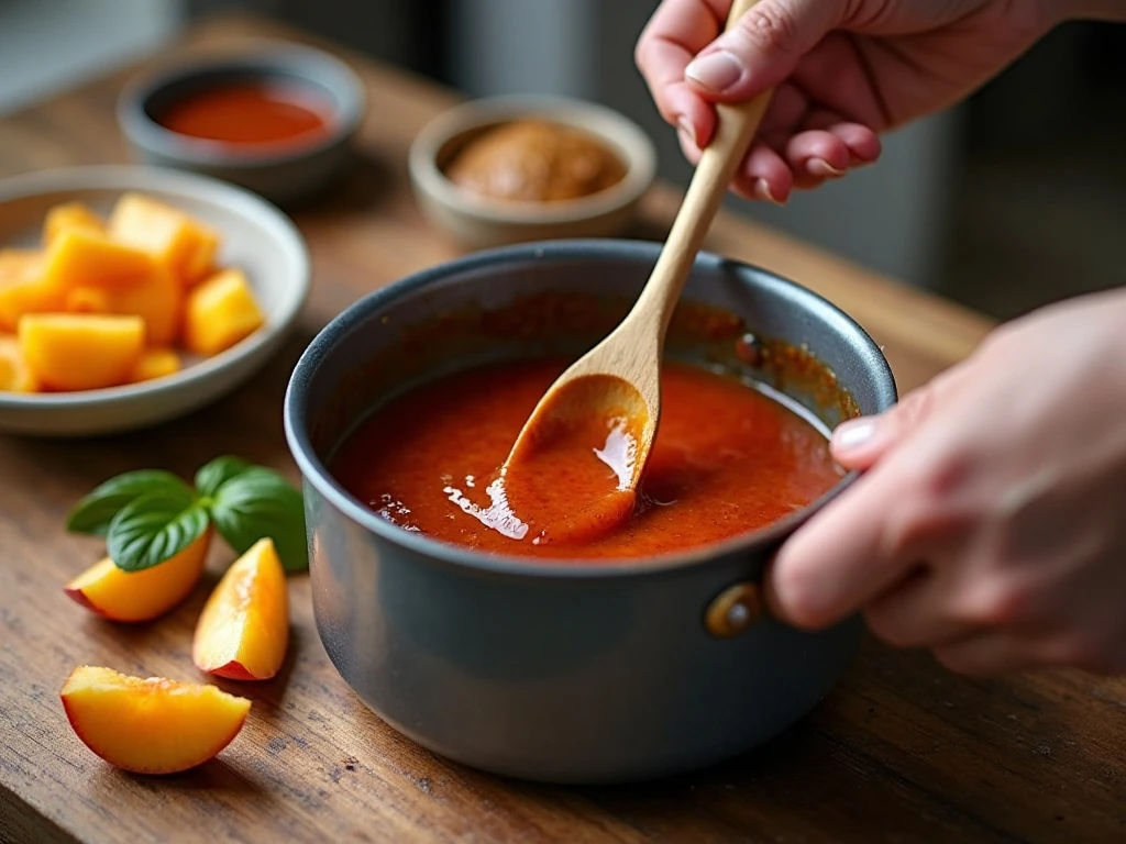 Peach barbecue sauce simmering for grilled pork steaks