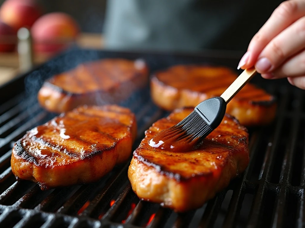 Brushing peach barbecue sauce onto pork steaks on the grill