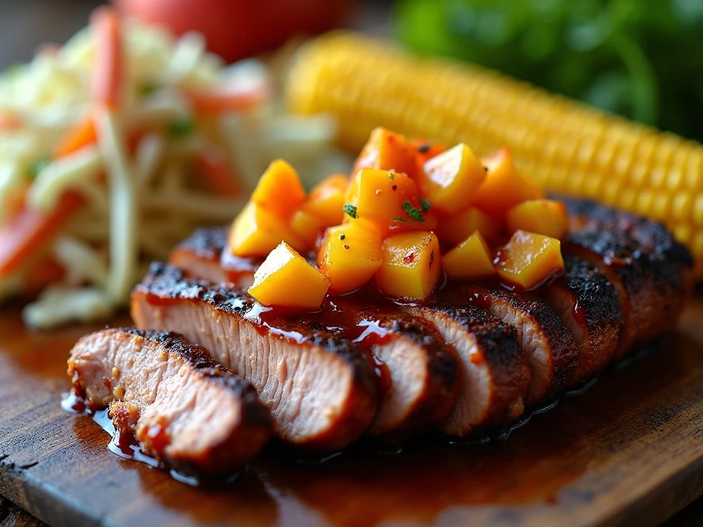 Peach barbecue pork steak with summer side dishes