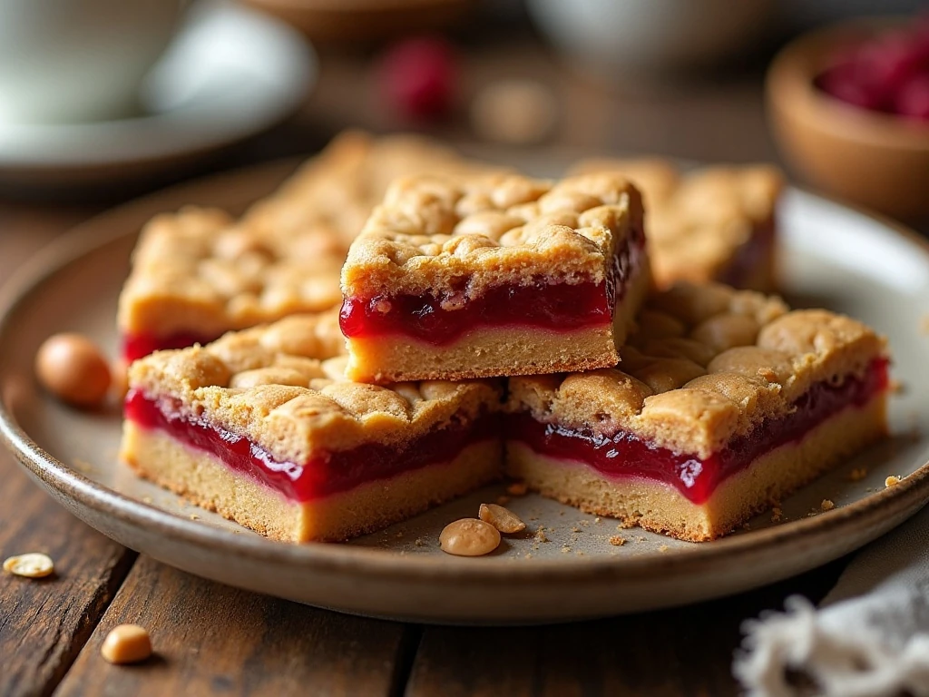 Peanut butter and jelly bars stacked on a serving platter
