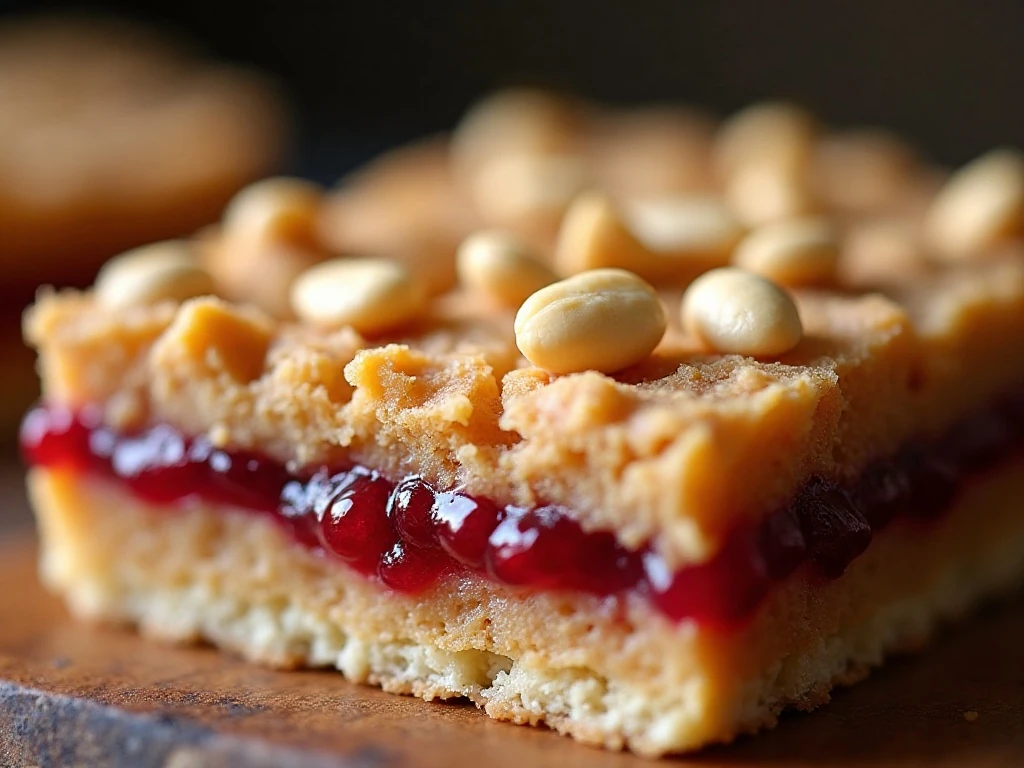 Close-up of the jam layer and peanut topping on a dessert bar