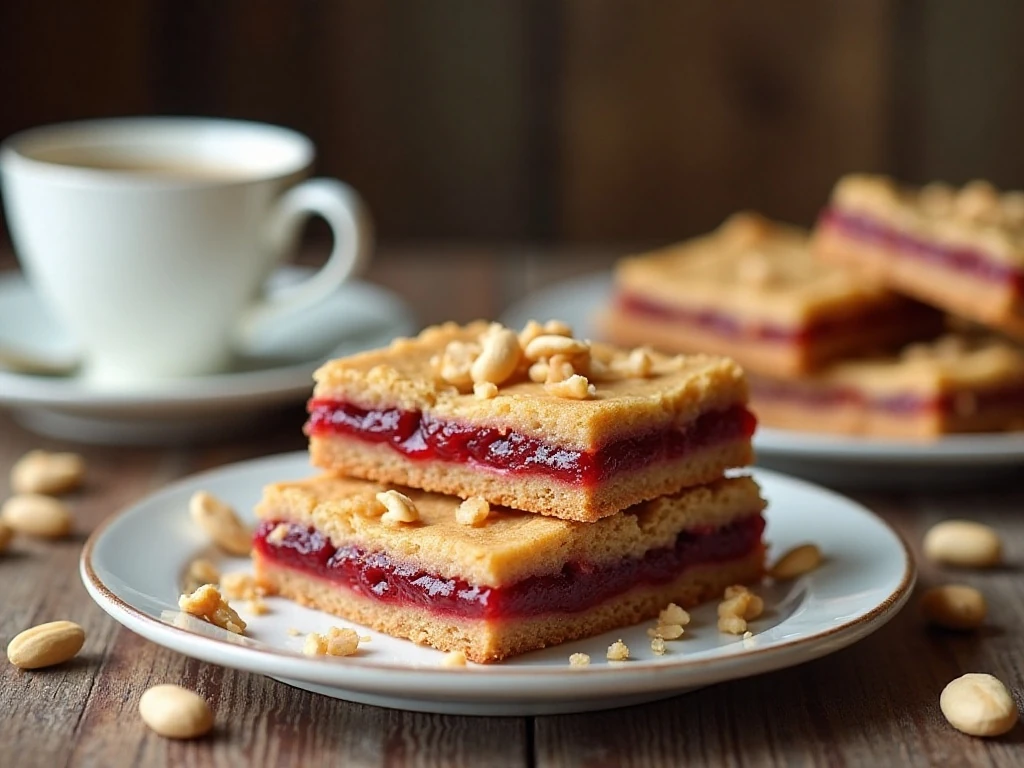 Peanut butter and jelly bars served with milk and coffee