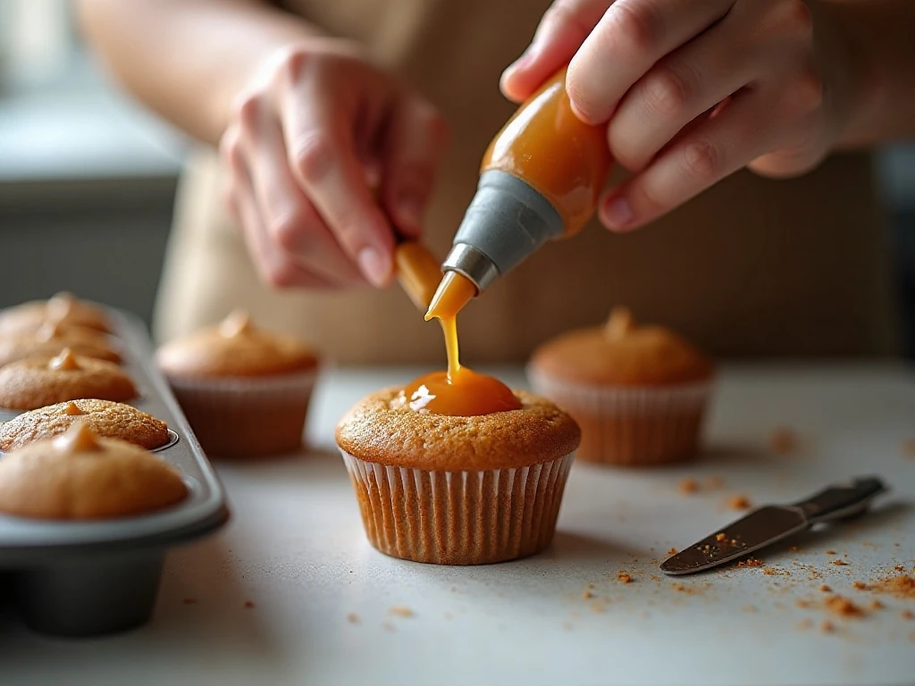 Filling a peanut butter cupcake with jelly