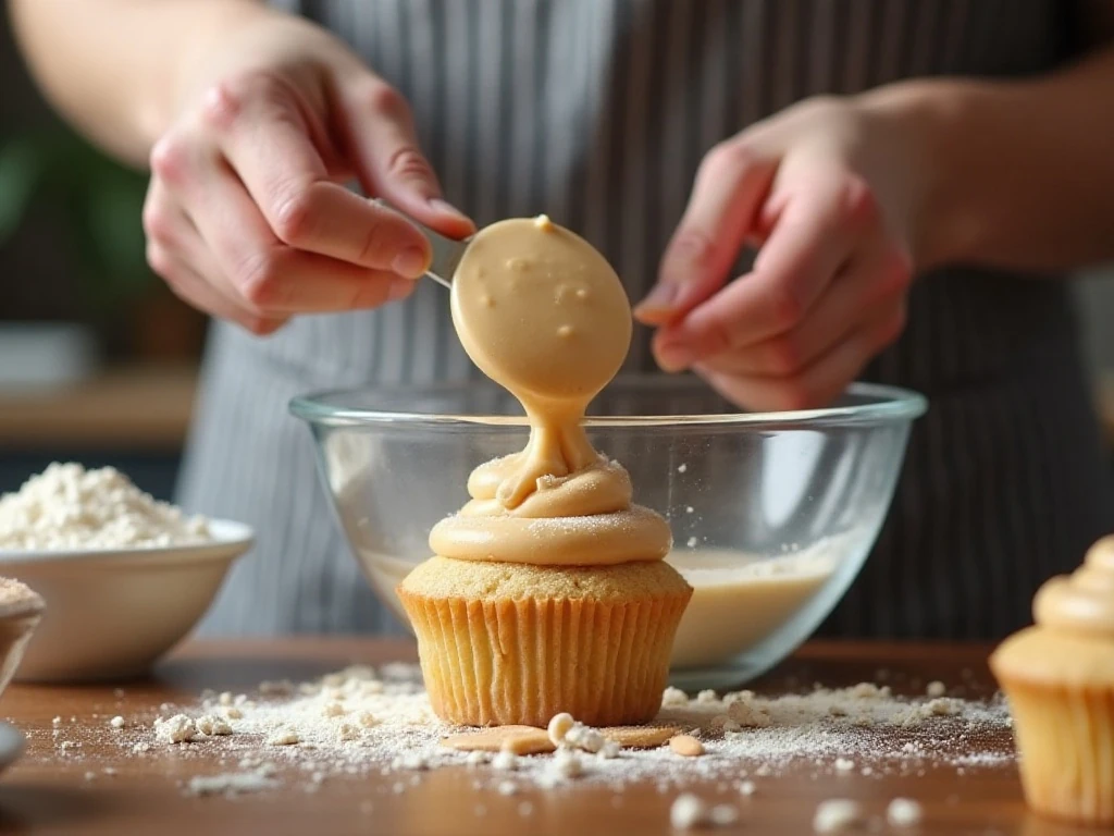 Mixing peanut butter cupcake batter gently