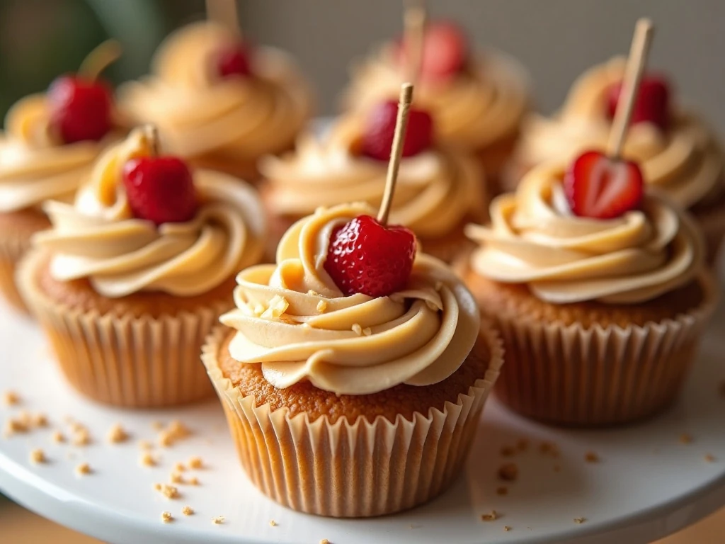 Peanut butter and jelly cupcakes arranged on a dessert stand