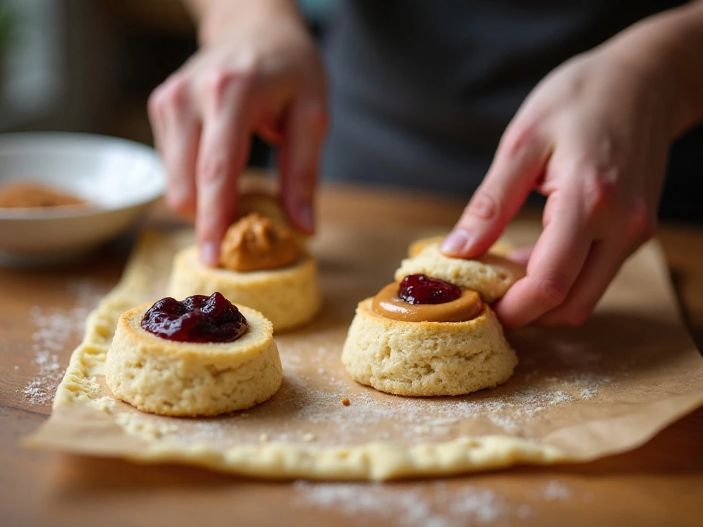 Filling biscuit dough with peanut butter and jelly for monkey bread