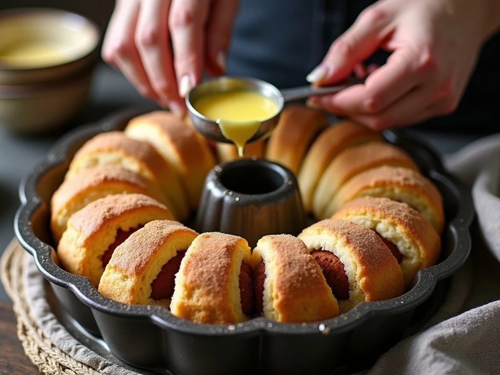 Cinnamon-sugar coated dough pieces arranged in a Bundt pan