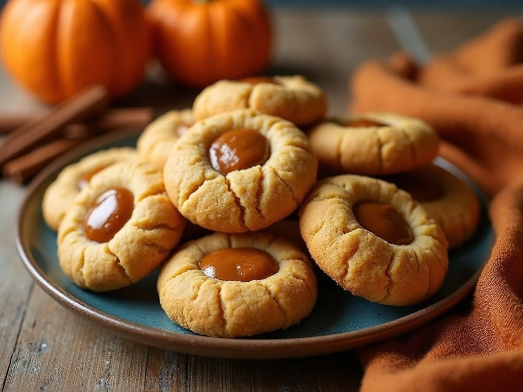 Platter of peanut butter and pumpkin spice thumbprint cookies