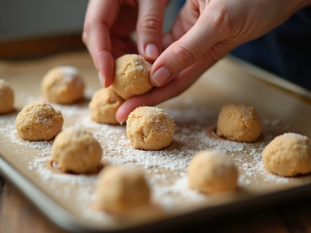 Shaping sugared thumbprint cookie dough before baking