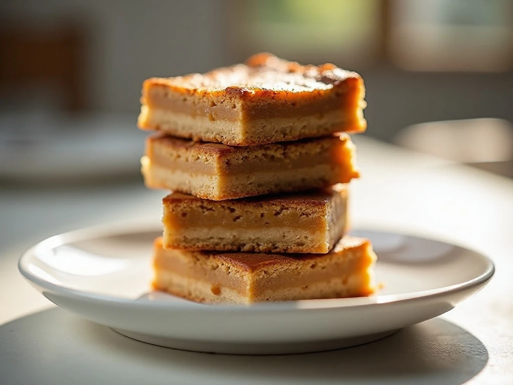 Stack of chewy peanut butter blondies on a white plate