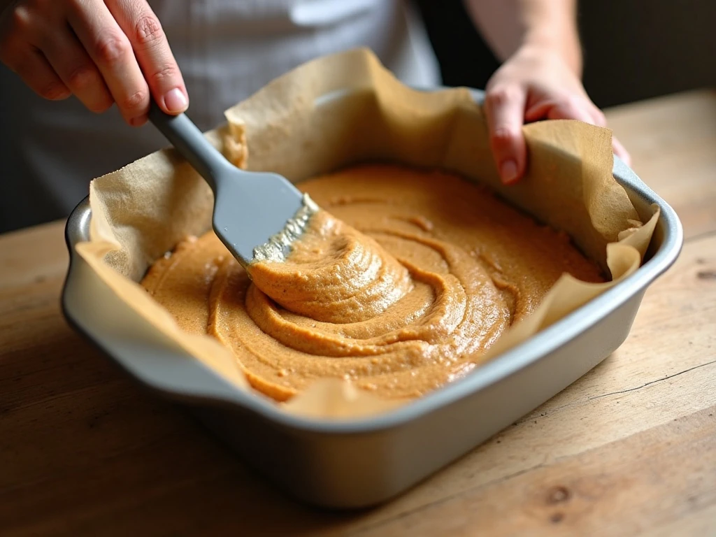 Spreading peanut butter blondie batter in a square pan