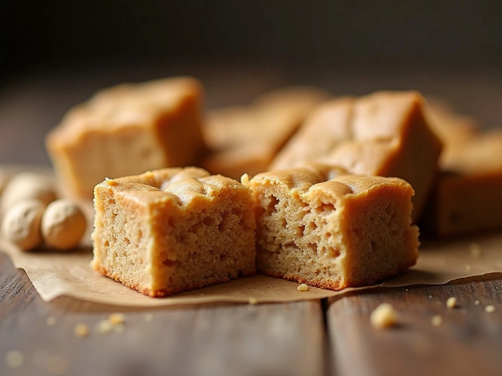 Close-up of a soft-centered peanut butter blondie