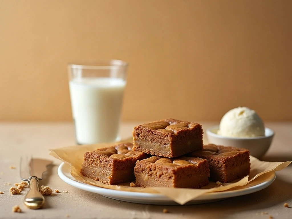 Peanut butter blondies served with milk and ice cream
